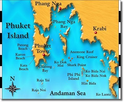 Map Andaman Sea Phuket scuba diving Day trip thailand diving vacation tour Phi Phi Island